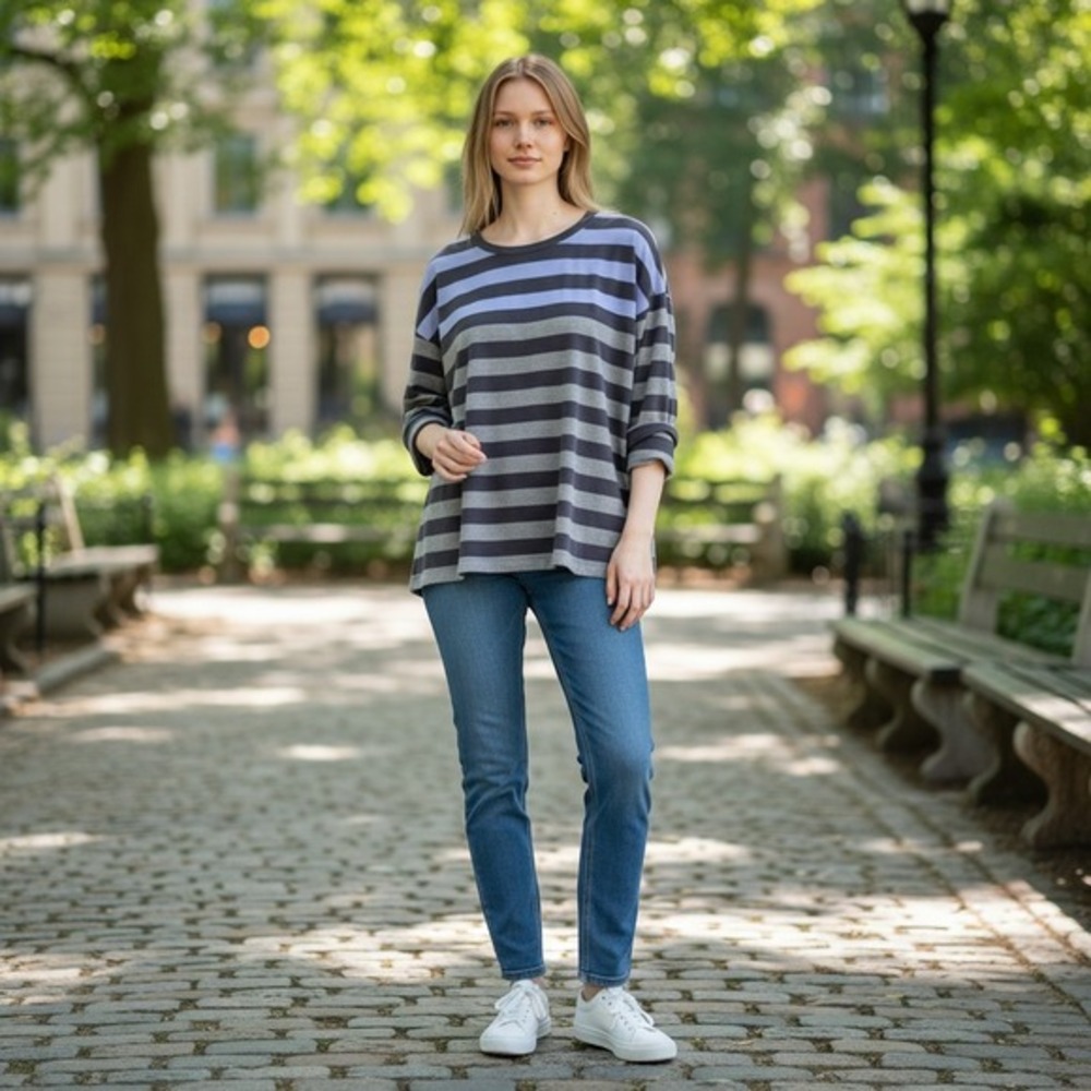 J Jill Fit Sweatshirt Women XL Blue Gray Excellent Oversized Striped Boxy Fit